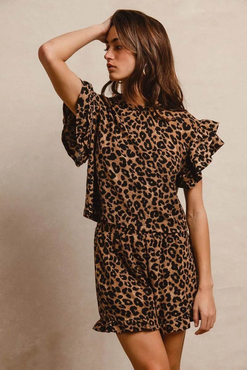 Leopard Print Ruffle Sleeve Set with Waffle Texture Layered Top and Shorts - Akana Style