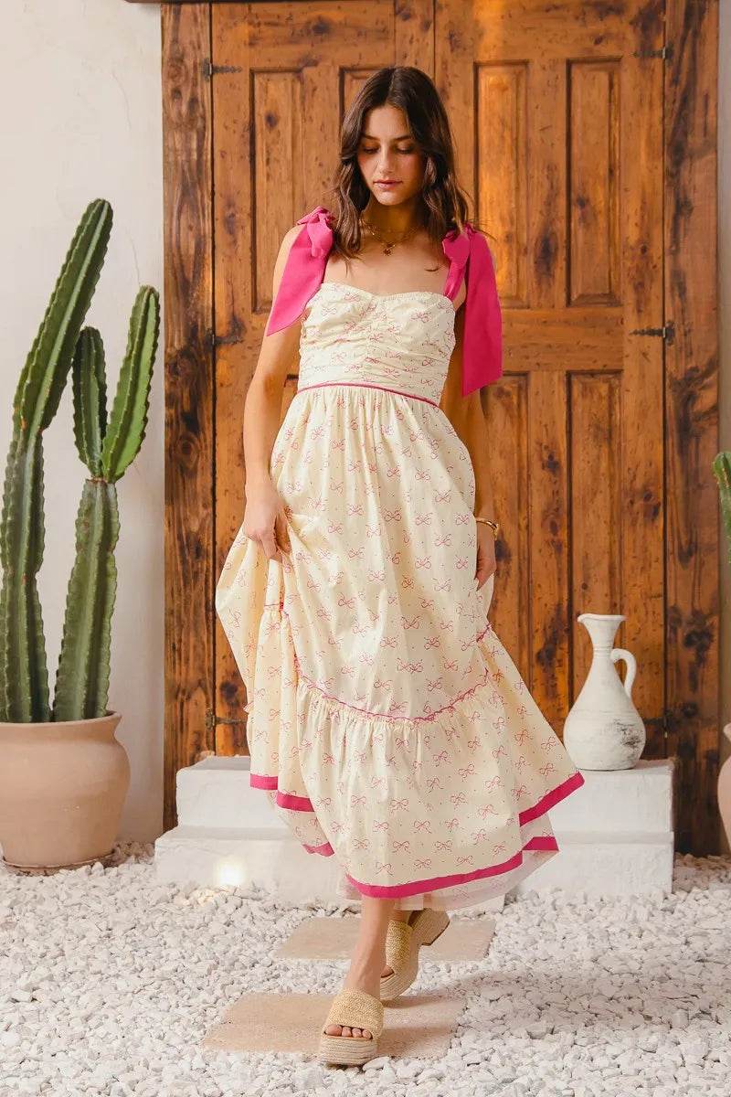 Ribbon Maxi Dress with Contrast Trim for Effortless Style - Akana Style