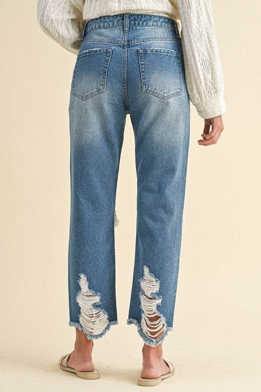 Distressed Cropped Jeans with Raw Hem for Trendy Style - Akana Style