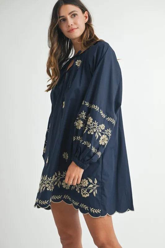 Embroidered Peasant Mini Dress with Long Sleeves - Akana Style