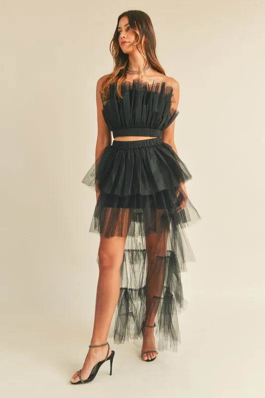 Tulle Ruffle Crop Top Set with High Low Maxi Skirt - Akana Style