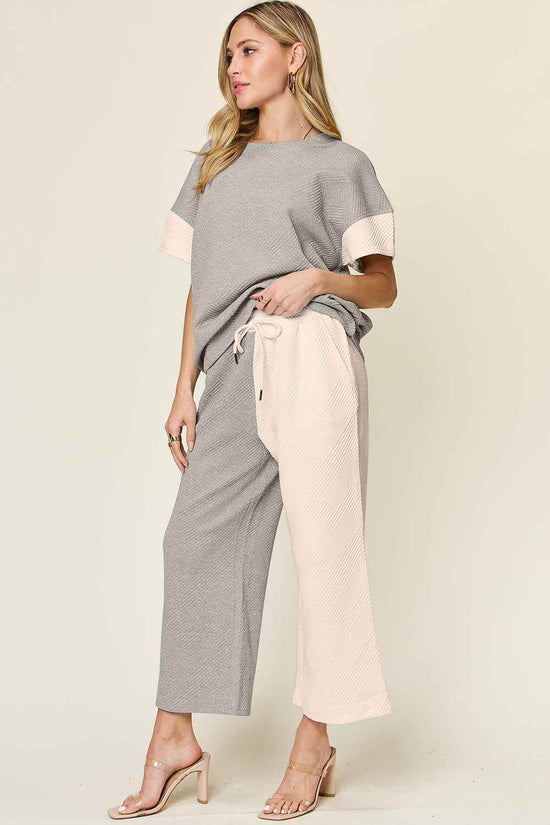 Double Take T-Shirt and Pants Set - Full Size Texture Contrast Outfit - Akana Style