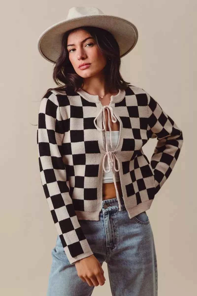 SO ME Tie Front Checkered Knitted Round Neck Cardigan