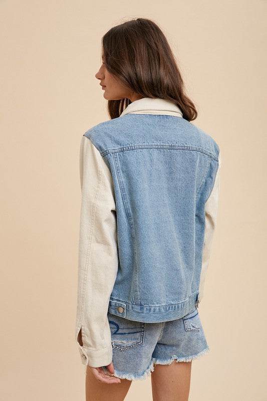 Collared Neck Denim Jacket with Double Placket Design - Akana Style