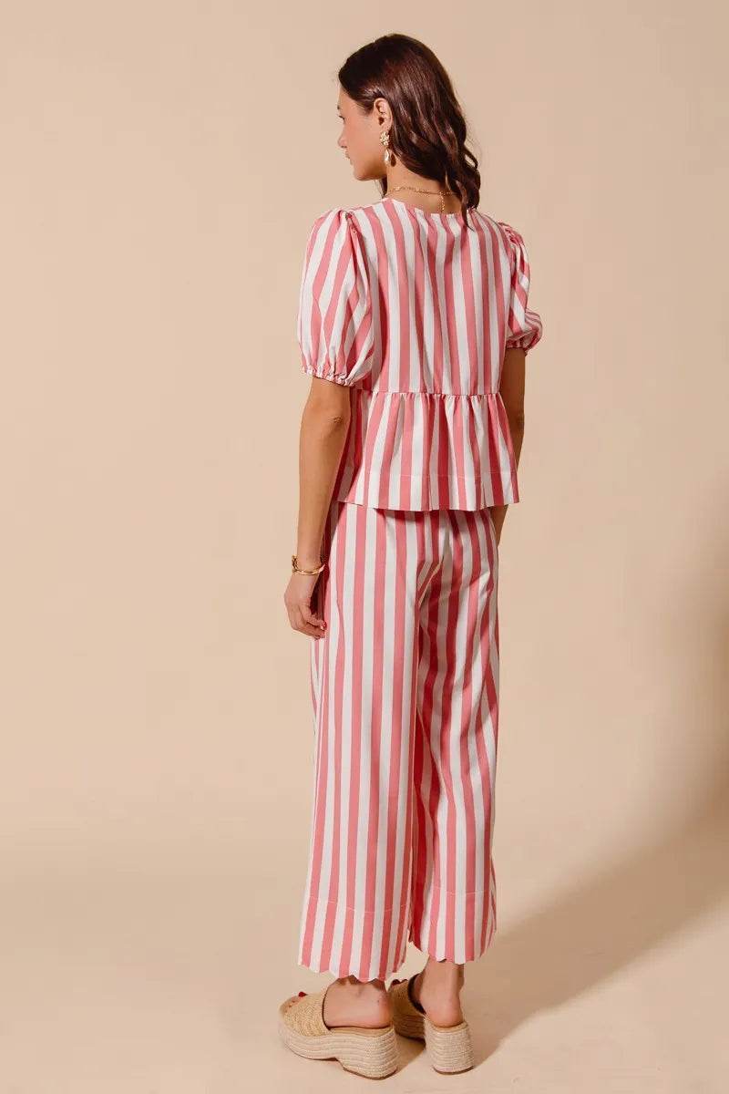Front Tie Stripe Top Set with Puff Sleeves and Wide Leg Pants - Akana Style