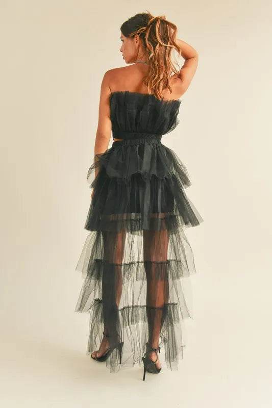 Tulle Ruffle Crop Top Set with High Low Maxi Skirt - Akana Style
