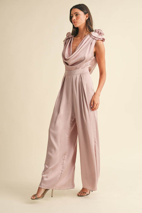 3D Floral Applique Jumpsuit with Deep Cowl Neck - Akana Style