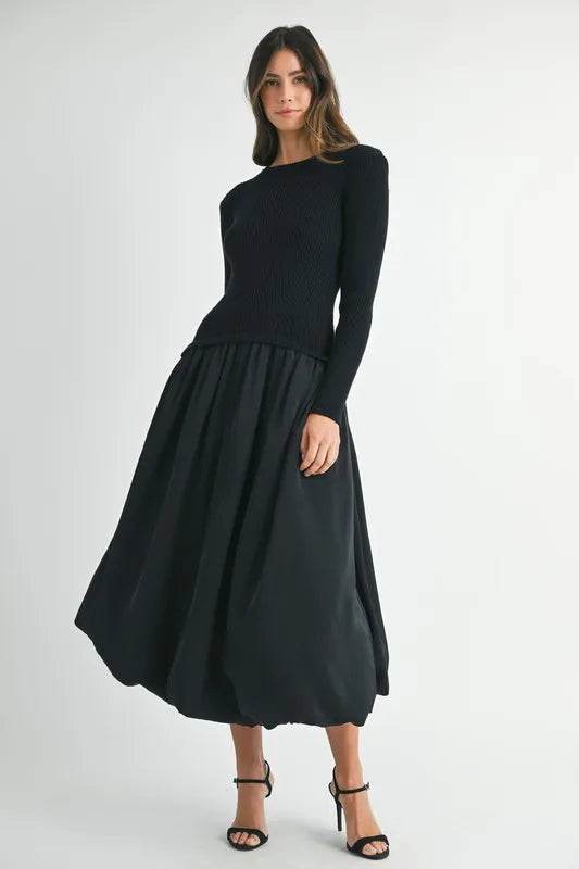 Ribbed Midi Sweater Dress in Poplin Mix for Effortless Style - Akana Style