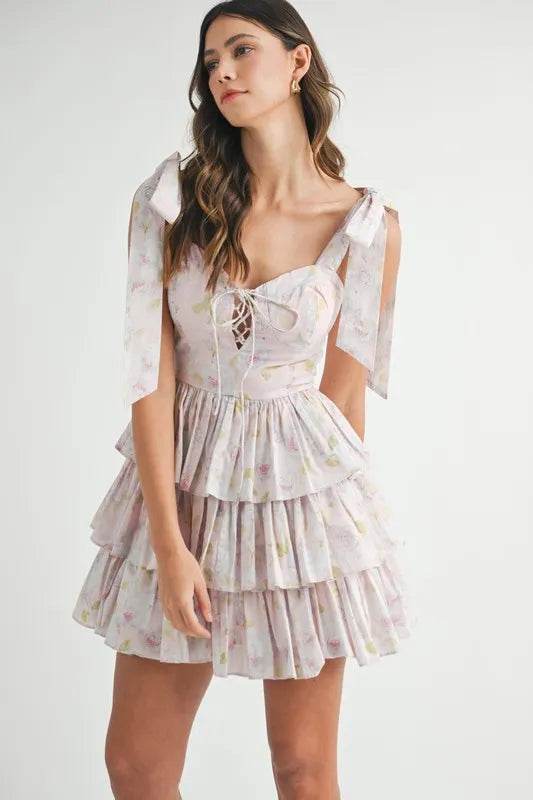 Floral Print Mini Dress with Shoulder Ties and Layered Design - Akana Style