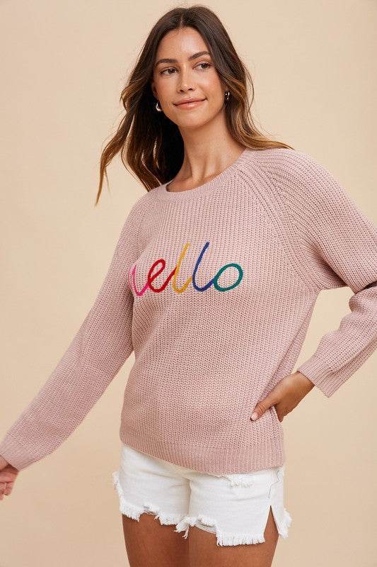 HELLO Embroidered Sweater with Raglan Sleeves - Akana Style