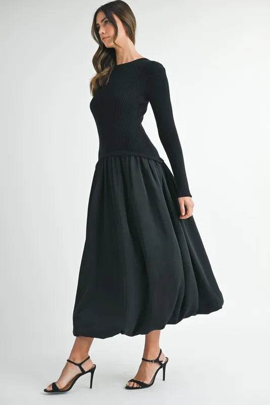 Ribbed Midi Sweater Dress in Poplin Mix for Effortless Style - Akana Style