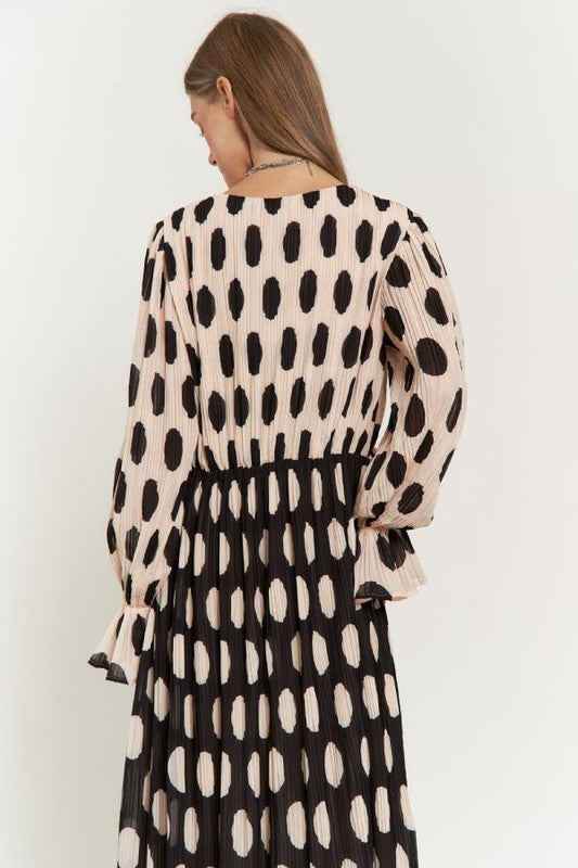 Polka Dot Maxi Dress with Ruffled Long Sleeves and Pleated Design - Akana Style
