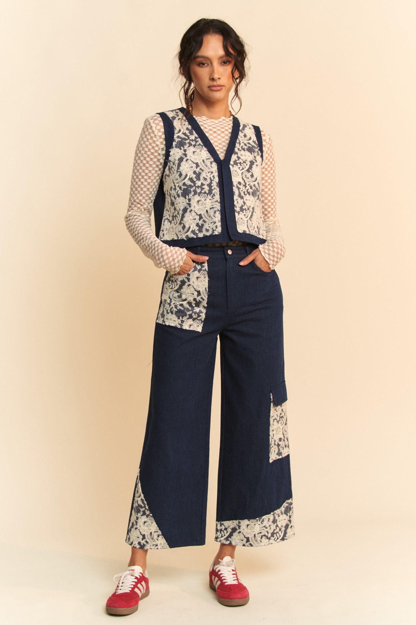 Lace Applique Wide Leg Jeans