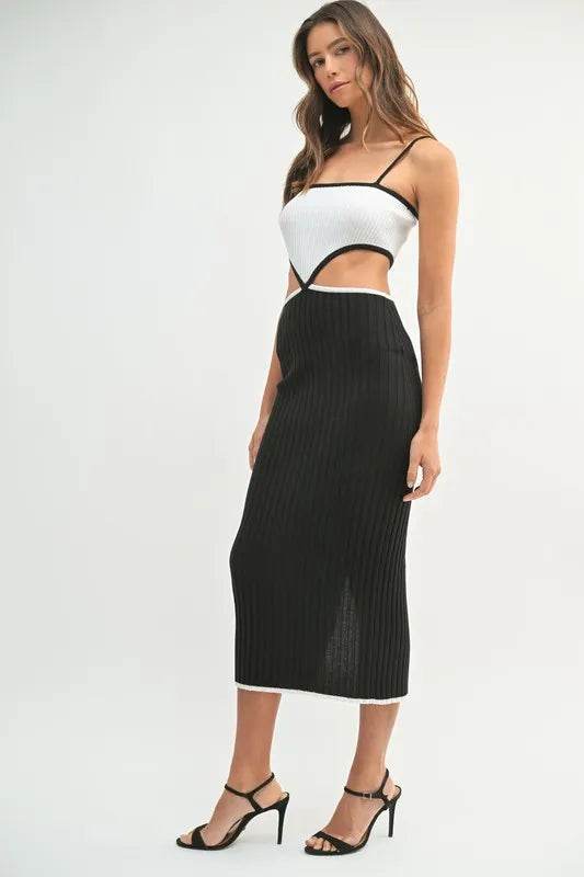 Ribbed Knit Color Block Dress with Cutout - Stylish Midi Dress - Akana Style