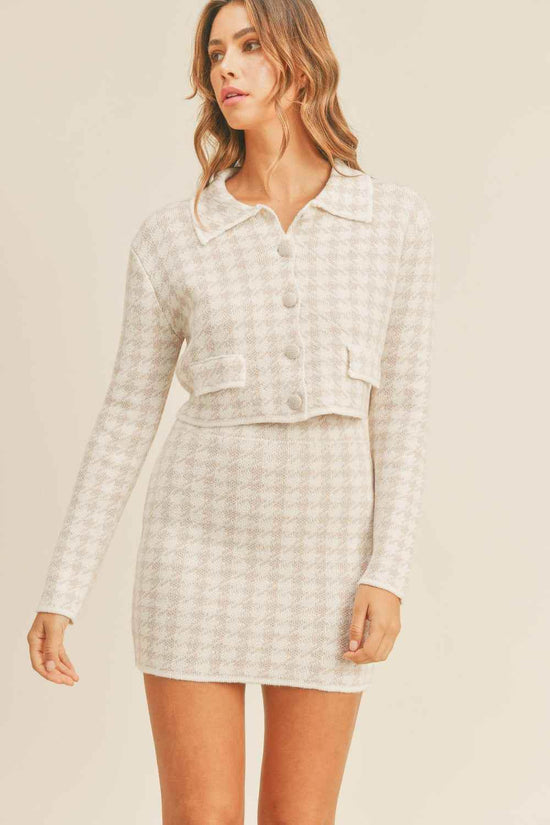 Houndstooth Cardigan and Skirt Set - Cropped Knit Style - Akana Style