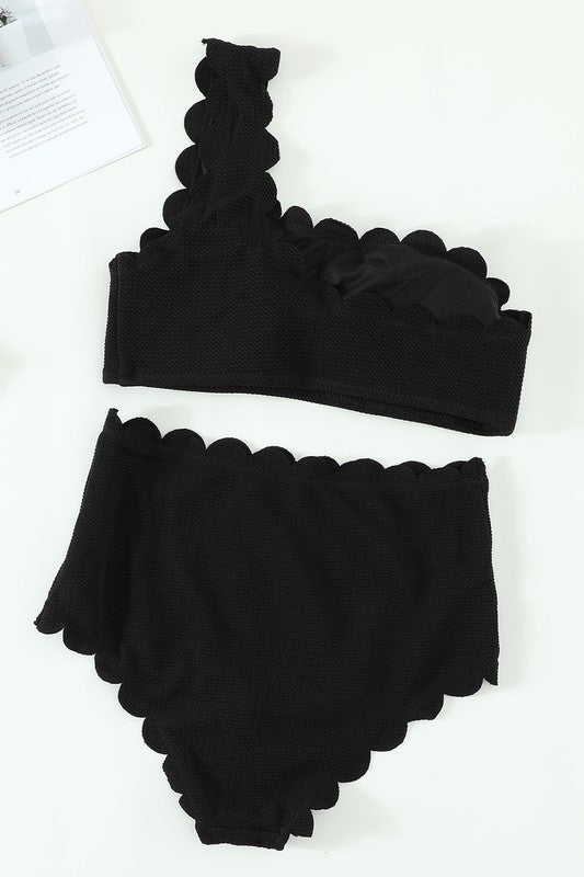 Women Black Solid Scalloped One-Shoulder Bikini - Akana