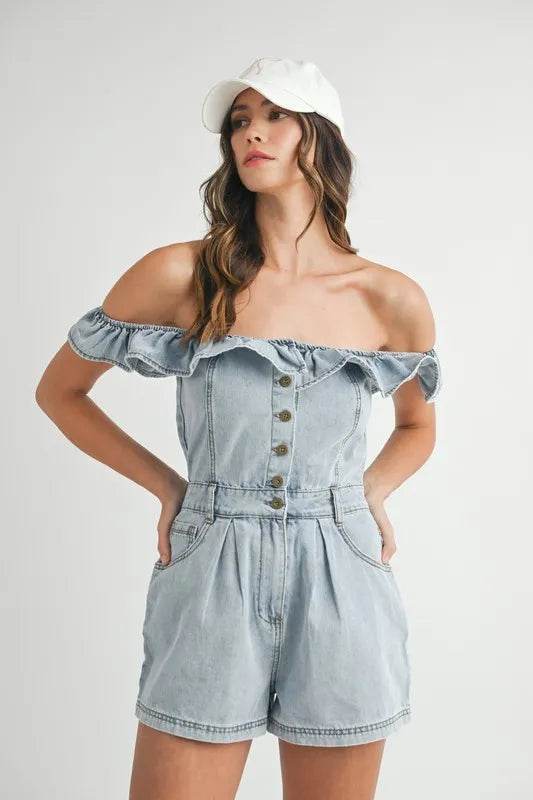 Off Shoulder Denim Romper with Ruffle Detail - Akana Style