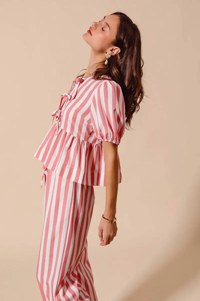 Front Tie Stripe Top Set with Puff Sleeves and Wide Leg Pants - Akana Style