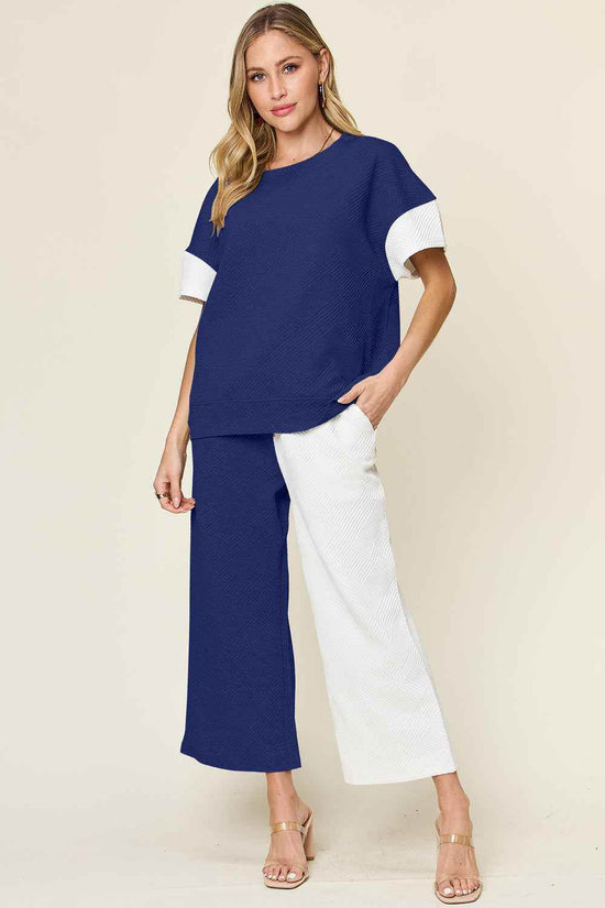 Double Take T-Shirt and Pants Set - Full Size Texture Contrast Outfit - Akana Style