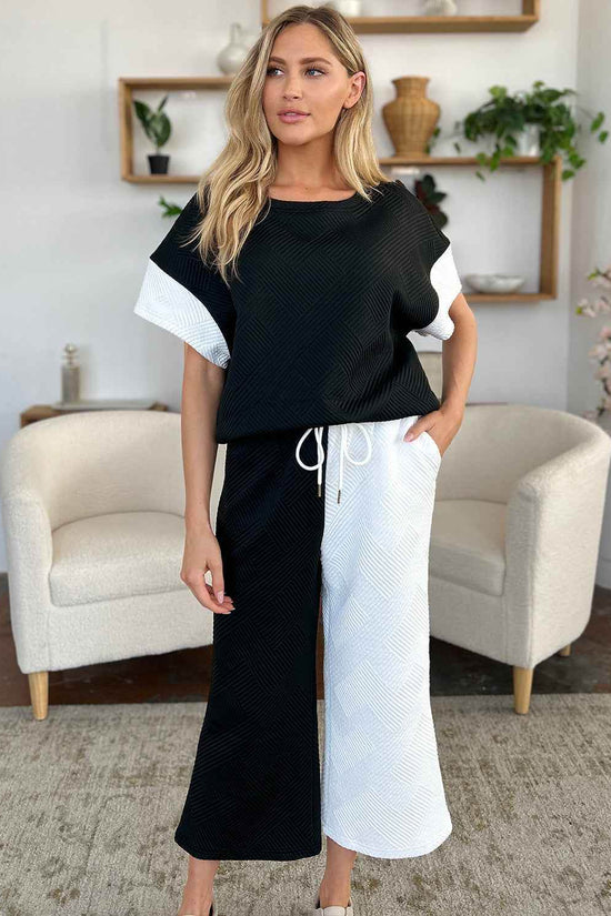 Double Take T-Shirt and Pants Set - Full Size Texture Contrast Outfit - Akana Style