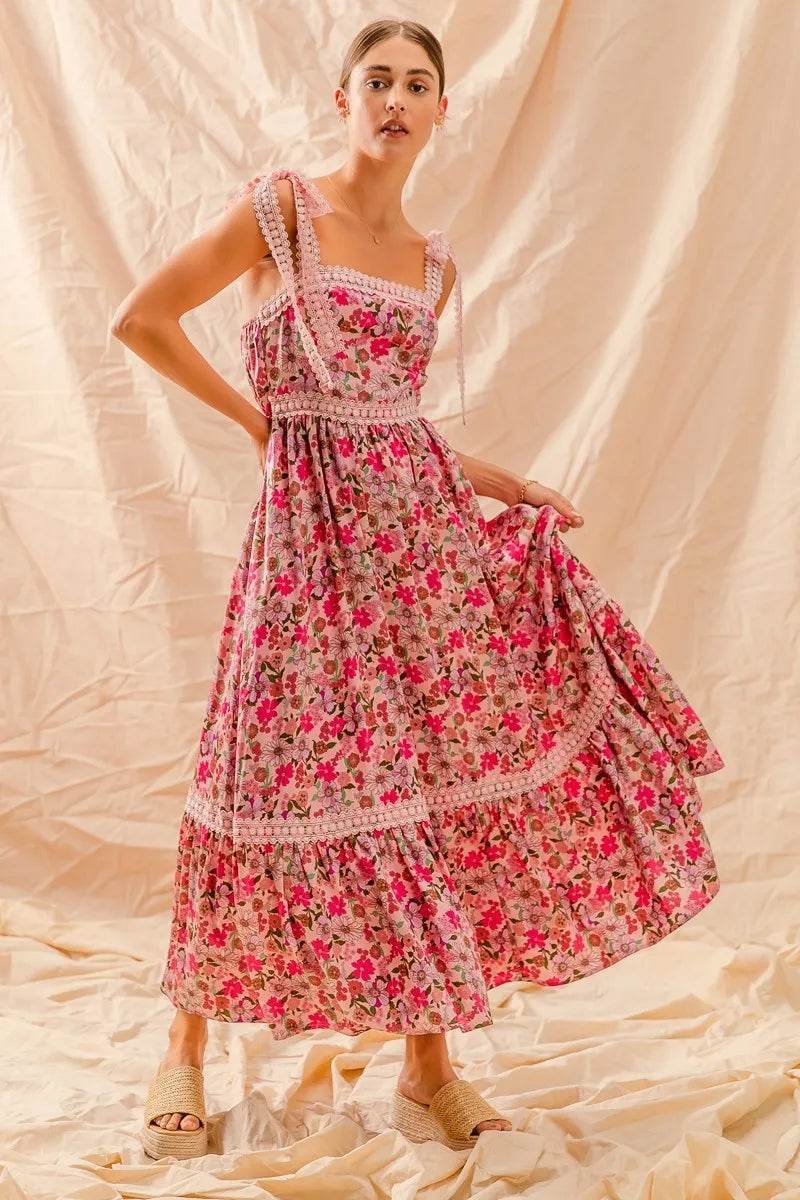 Floral Maxi Dress With Ribbon Tie Lace Strap - Akana Style