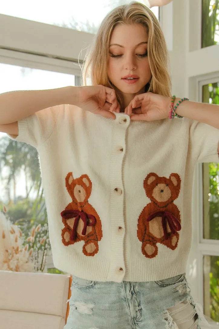 Teddy Bear Button Down Top with Bow Patched Sweater Design - Akana Style