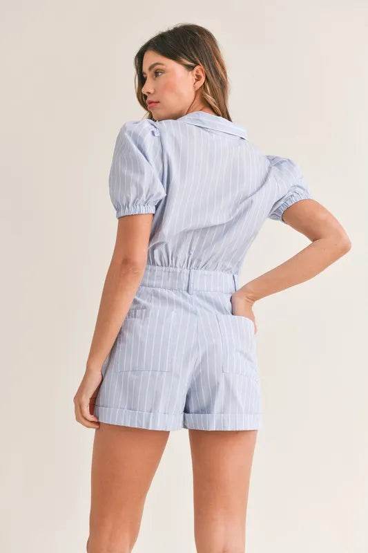Striped Puff Sleeve Romper with Collared Neck - Akana Style