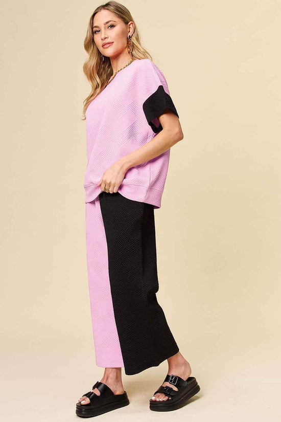 Double Take T-Shirt and Pants Set - Full Size Texture Contrast Outfit - Akana Style
