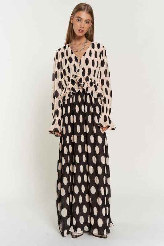 Polka Dot Maxi Dress with Ruffled Long Sleeves and Pleated Design - Akana Style