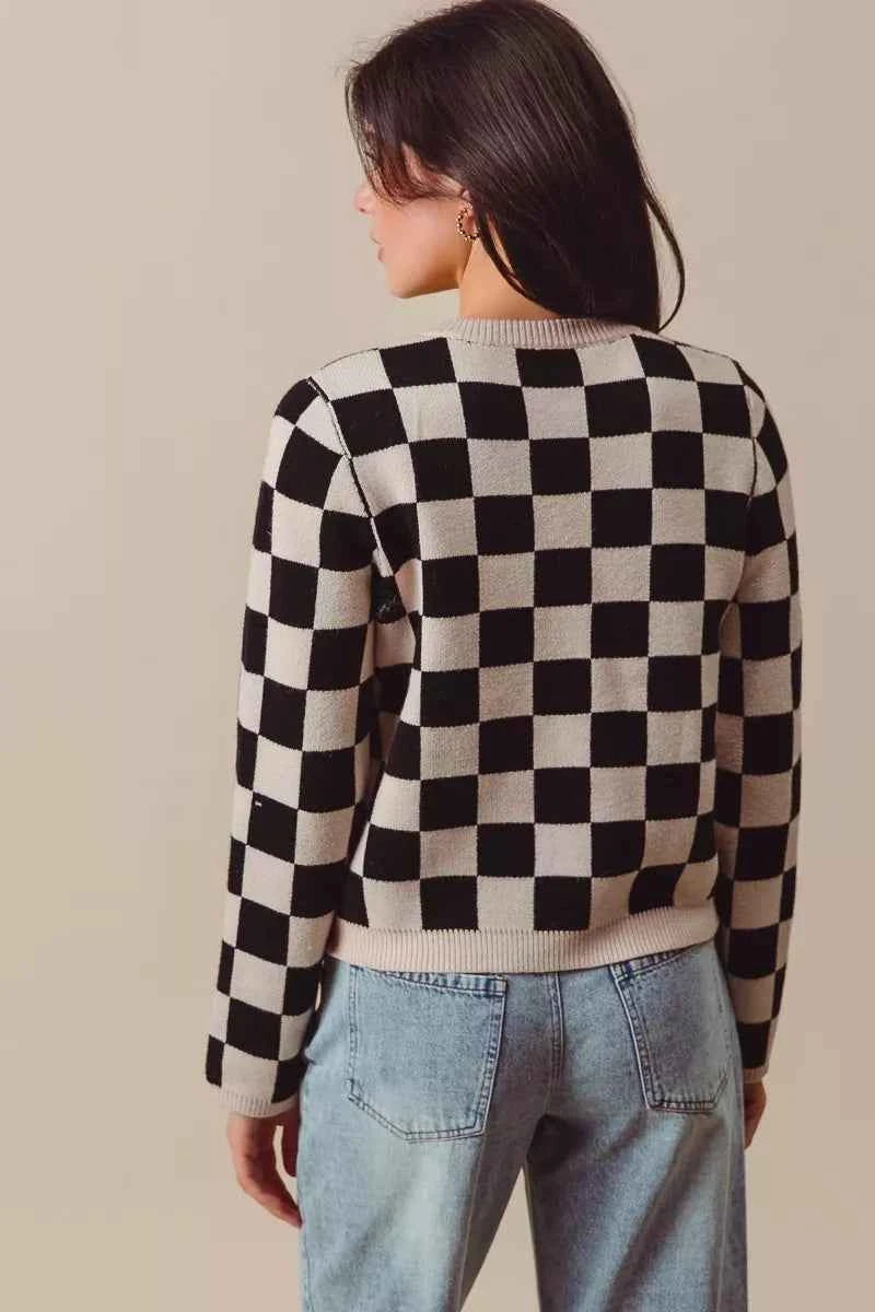 SO ME Tie Front Checkered Knitted Round Neck Cardigan