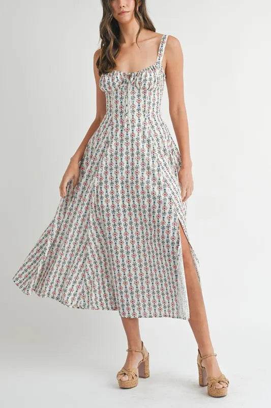 Floral Print Midi Dress with Bustier Back Lace Up Design - Akana Style