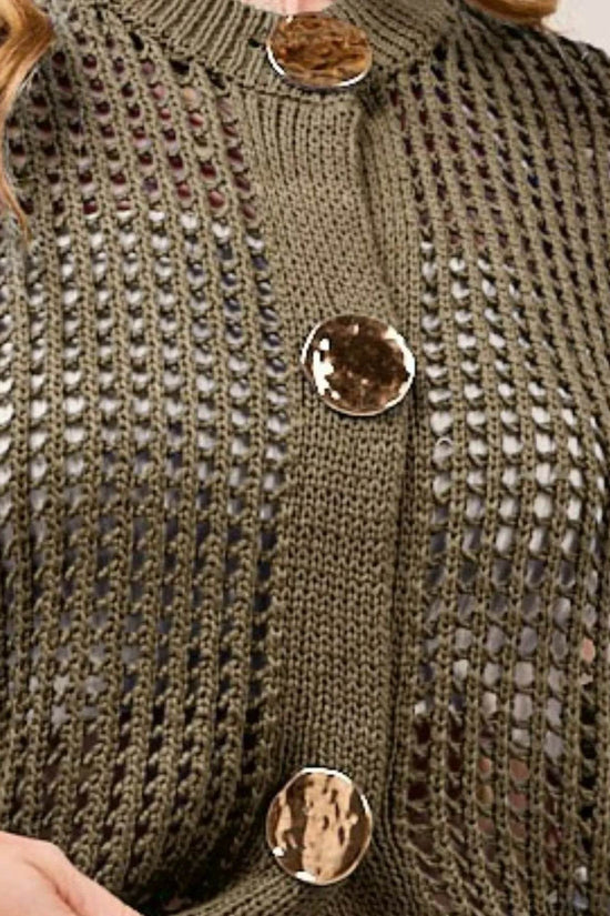 Big Metal Button Sweater Vest with Front Openwork Design - Akana Style