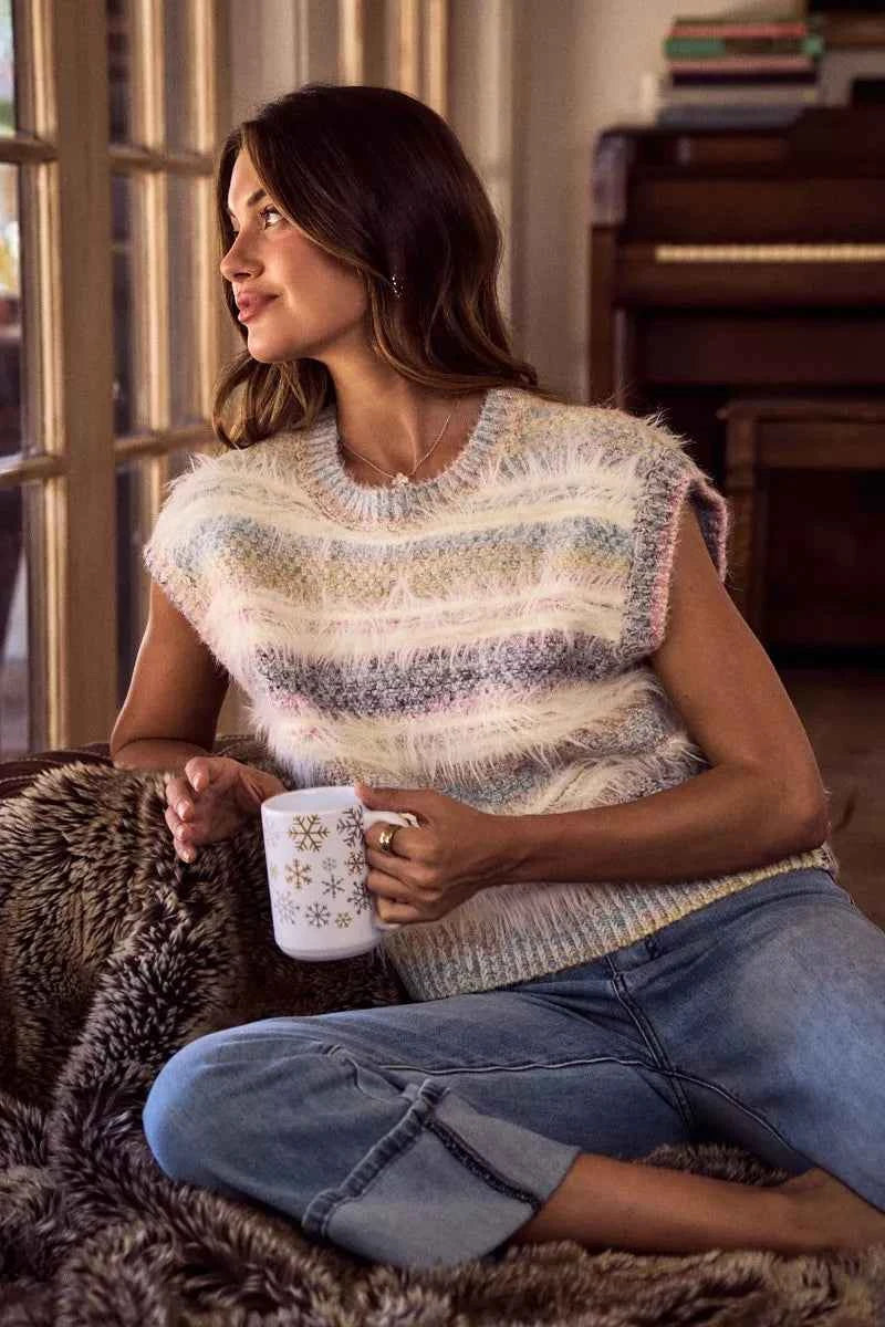 SO ME Soft Fuzzy Multi Color Stripe Cozy Sweater Top