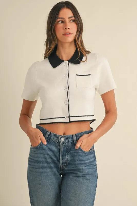 Button Down Cardigan with Contrast Collared Knit Design - Akana Style