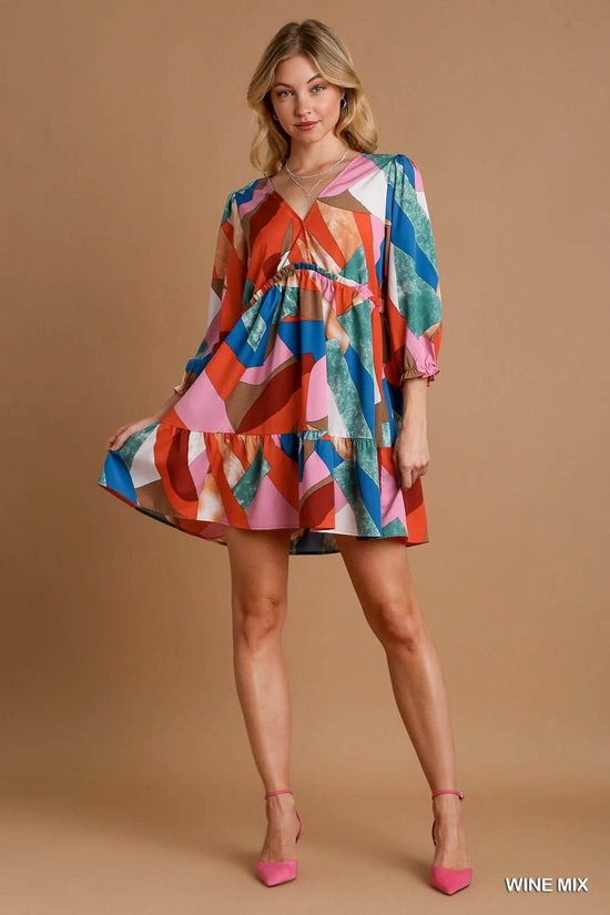 Umgee Tiered Printed Dress - Abstract V-Neck Style - Akana Style