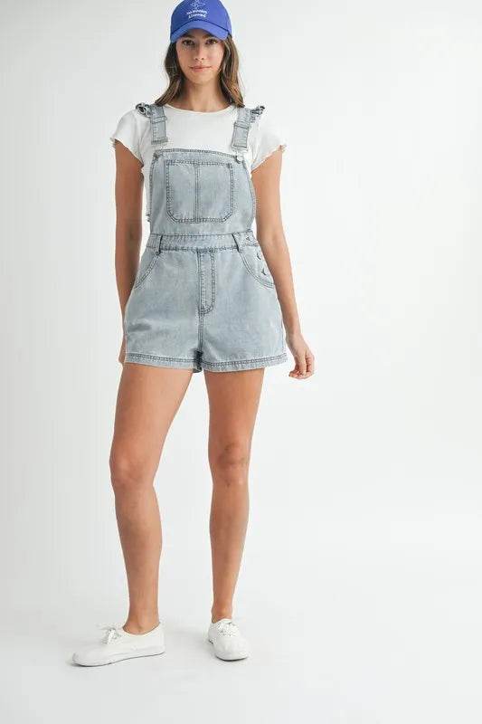 Square Neck Denim Overall Romper with Ruffle Shoulders - Akana Style