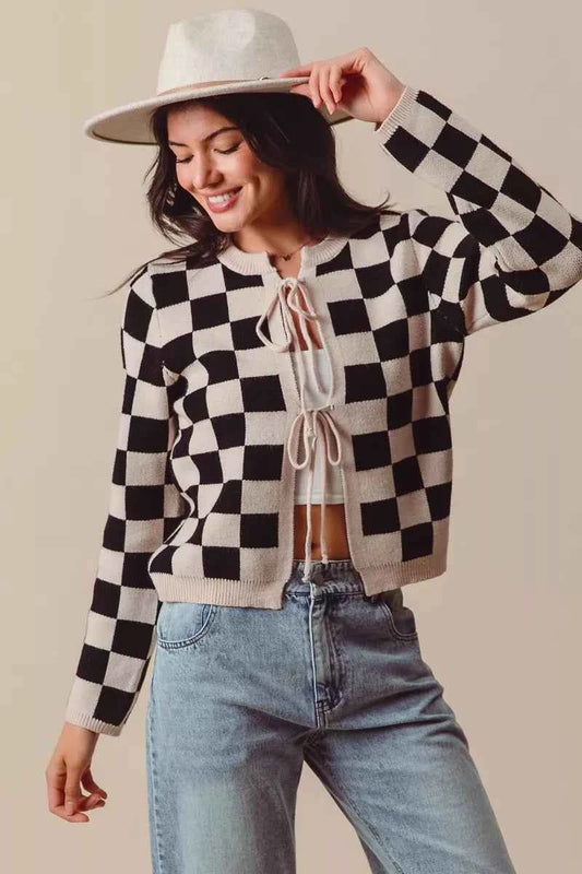SO ME Tie Front Checkered Knitted Round Neck Cardigan