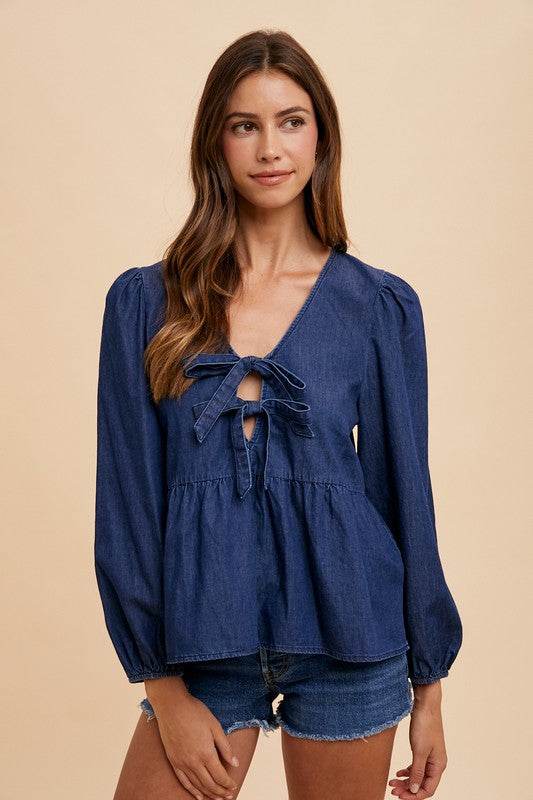Tie Front Peplum Denim Top with Long Sleeves - Akana Style
