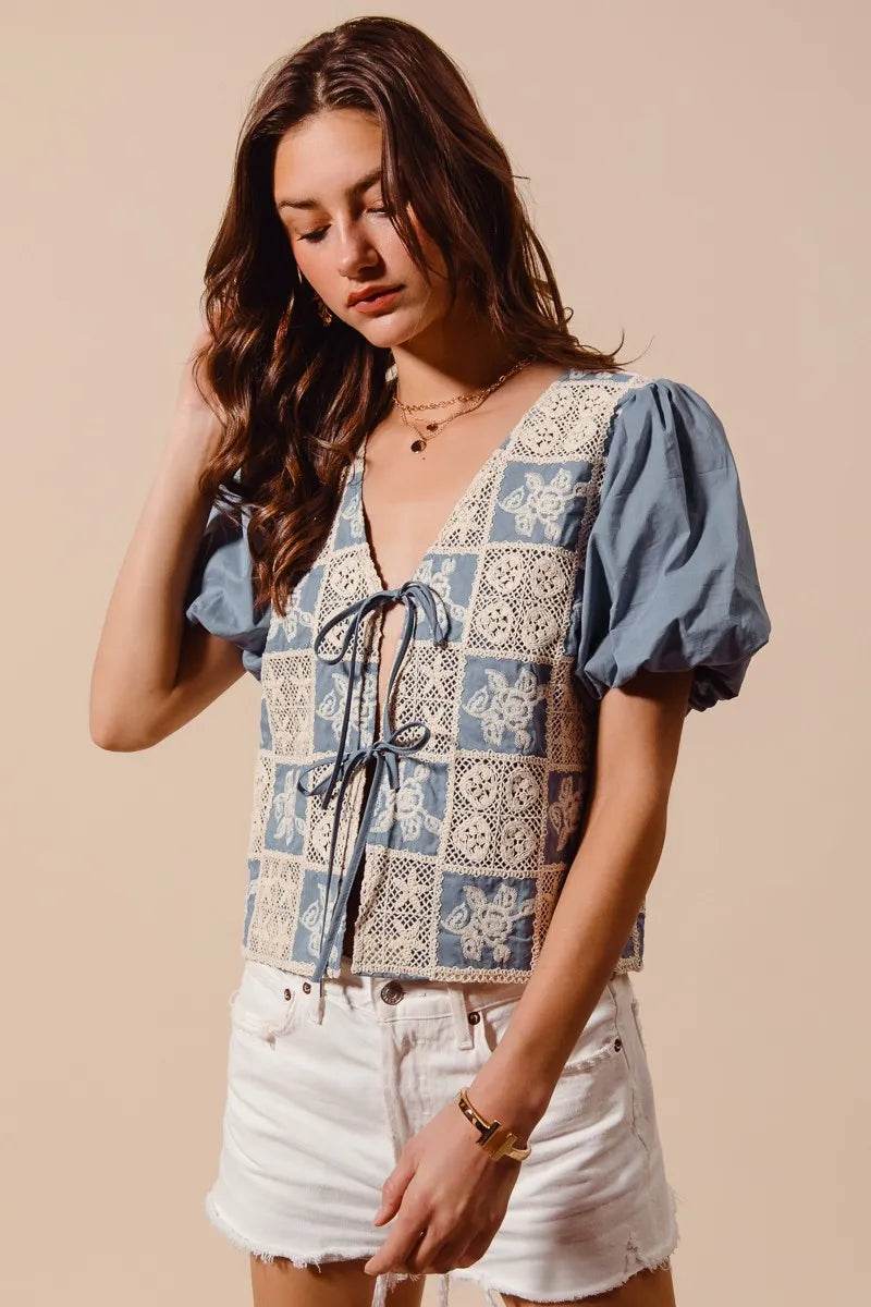 Crochet Lace Blouse with Tie Front V Neck Design - Akana Style