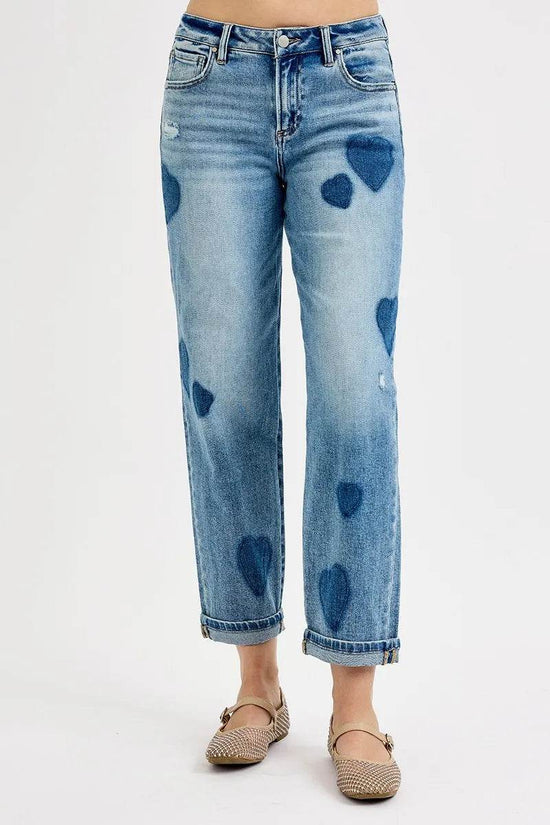 RISEN Plus Size Boyfriend Jeans - Full Size Mid Rise Fit with Heart Shade - Akana Style