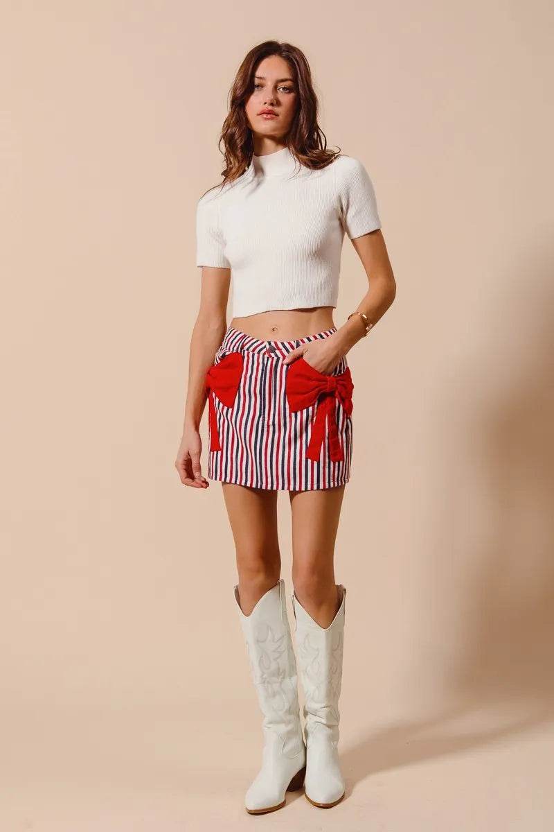Contrast Bow Knot Pocket Fourth Of July Denim Skirt - Akana Style