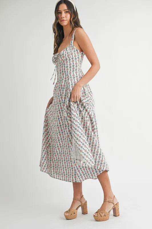 Floral Print Midi Dress with Bustier Back Lace Up Design - Akana Style