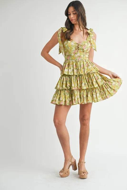 Floral Print Mini Dress with Shoulder Ties and Layered Design - Akana Style