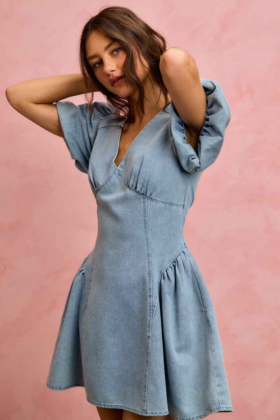 Bubble Sleeves Denim Fit And Flare Mini Dress