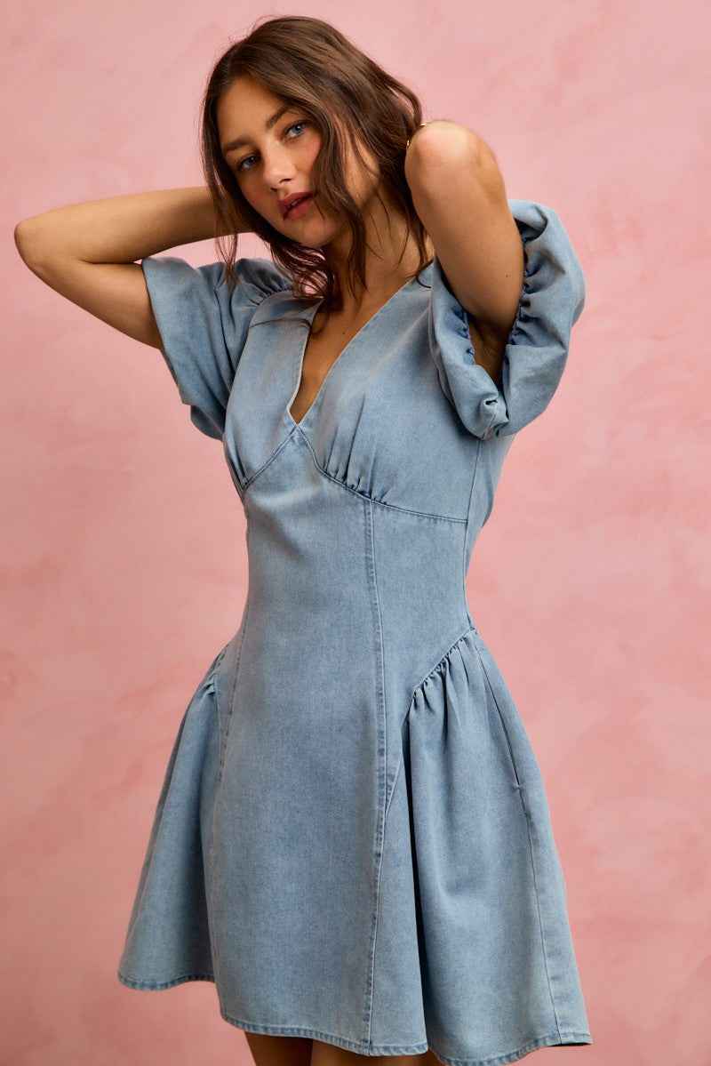 Bubble Sleeves Denim Fit And Flare Mini Dress