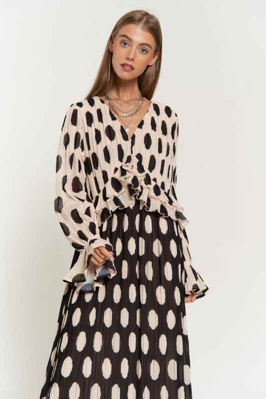 Polka Dot Maxi Dress with Ruffled Long Sleeves and Pleated Design - Akana Style