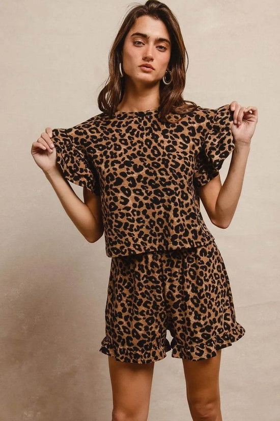 Leopard Print Ruffle Sleeve Set with Waffle Texture Layered Top and Shorts - Akana Style