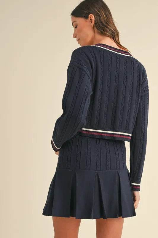 Cable-Knit Sweater Set with Pleated Skirt - Akana Style