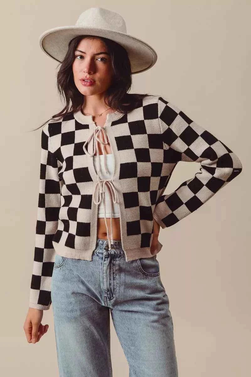 SO ME Tie Front Checkered Knitted Round Neck Cardigan