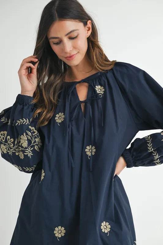 Embroidered Peasant Mini Dress with Long Sleeves - Akana Style